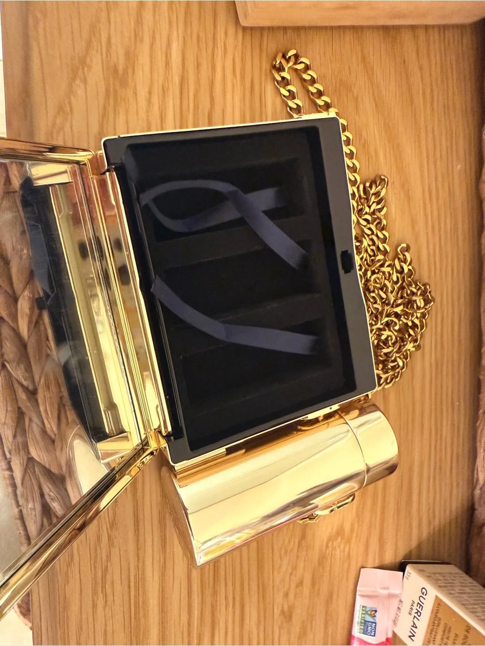 Dior Metallic Gold Box Clutch with Cylindrical Accent and Chain